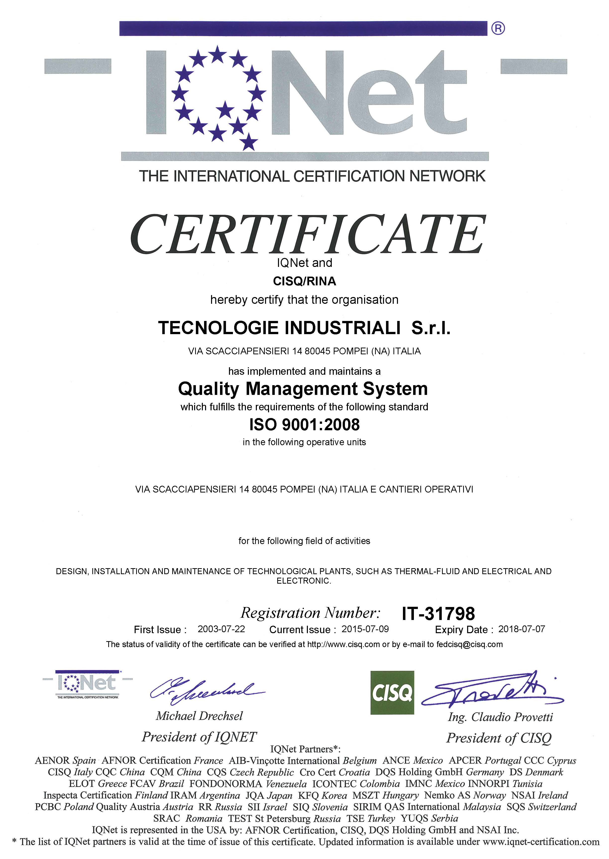 Certificato IQNET RINA