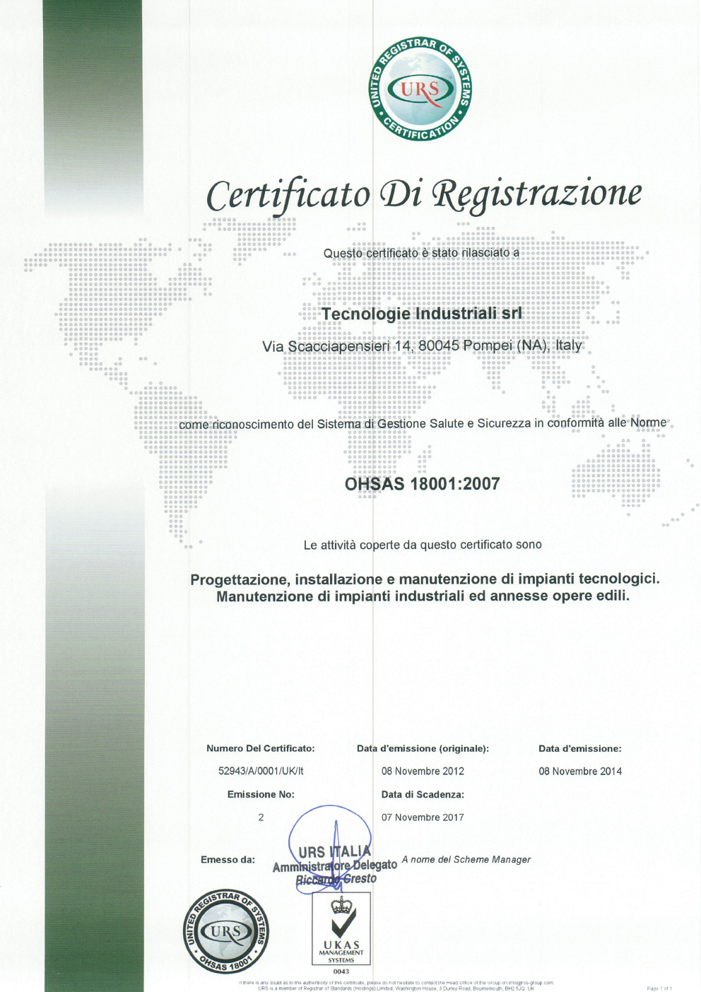 Certificato OHSAS 18001