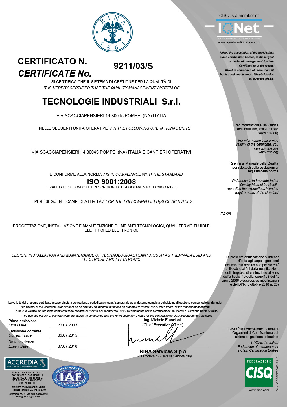 Certificato RINA ISO 9001