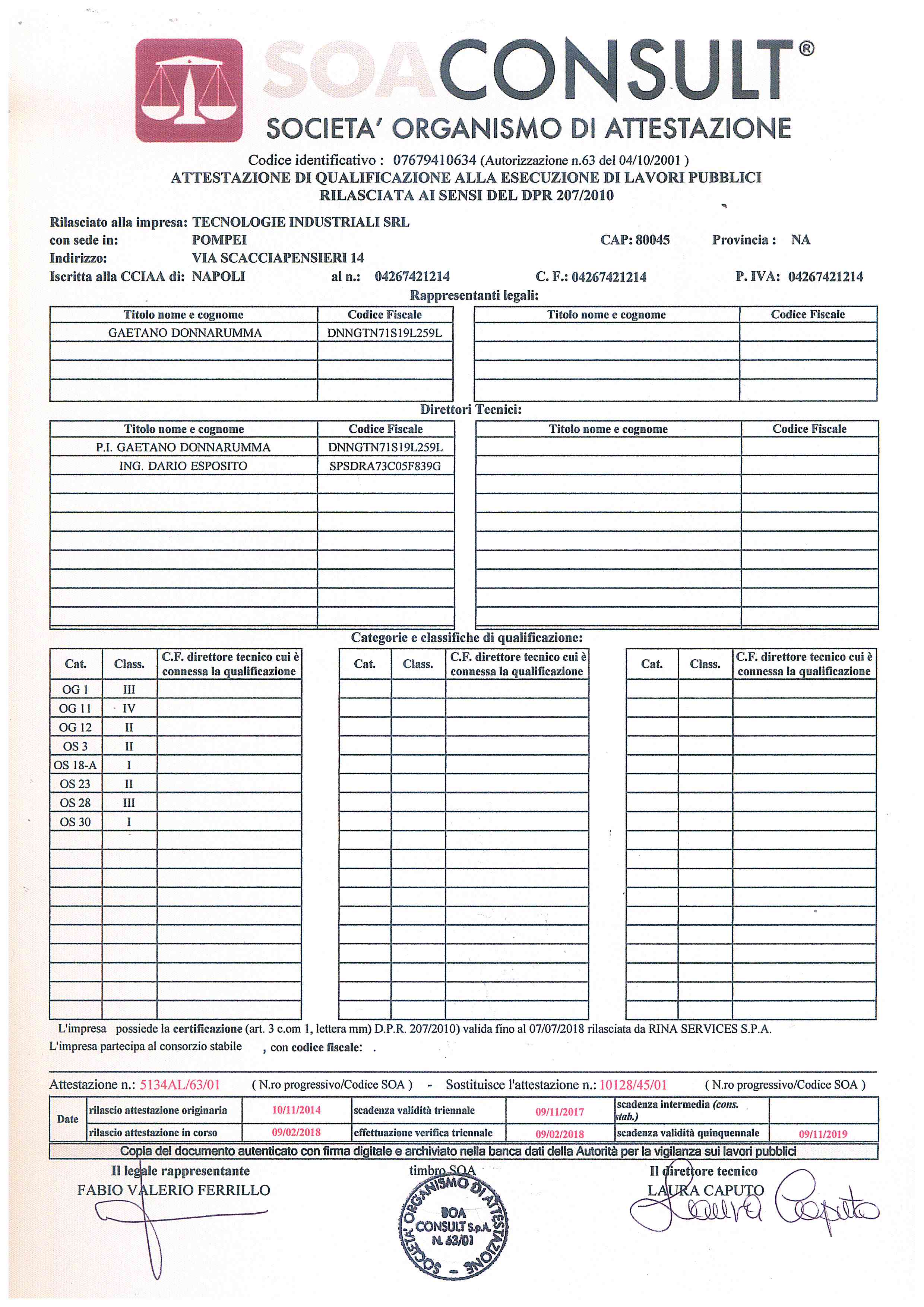 Certificato SOA 2018